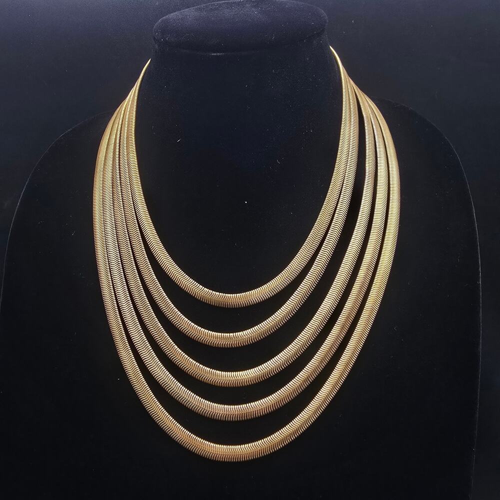 Layered Gold Tone Snake Chain Necklace Vintage Costume Jewelry